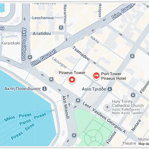 Map showing the location of Gallery Port Tower Piraeus near the Piraeus port
